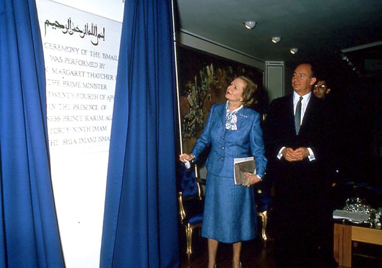 Prime Minister Thatcher performs the opening of the Ismaili Centre, London in the presence of Mawlana Hazar Imam. Ismaili Council for the UK