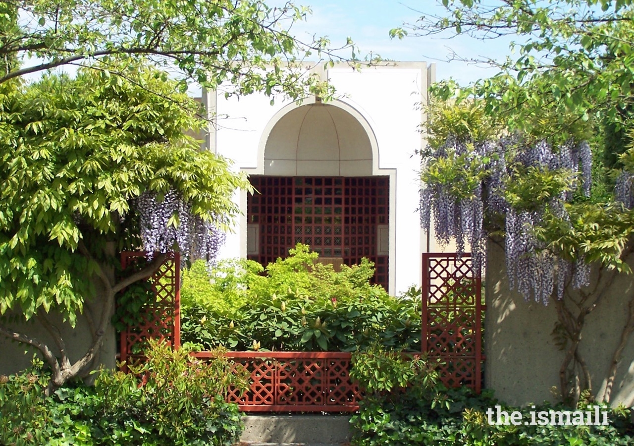 Leafy plants and fragrant flowers accent the exterior of the Ismaili Centre, Vancouver.