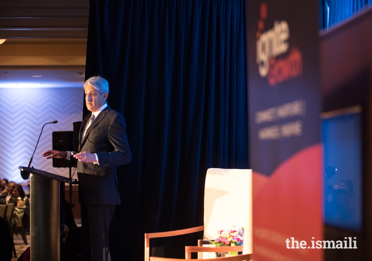 President of the Ismaili Council for Canada Malik Talib addresses the audience gathered at the annual Ignite Summit, organised by the Aga Khan Economic Planning Board in Canada.