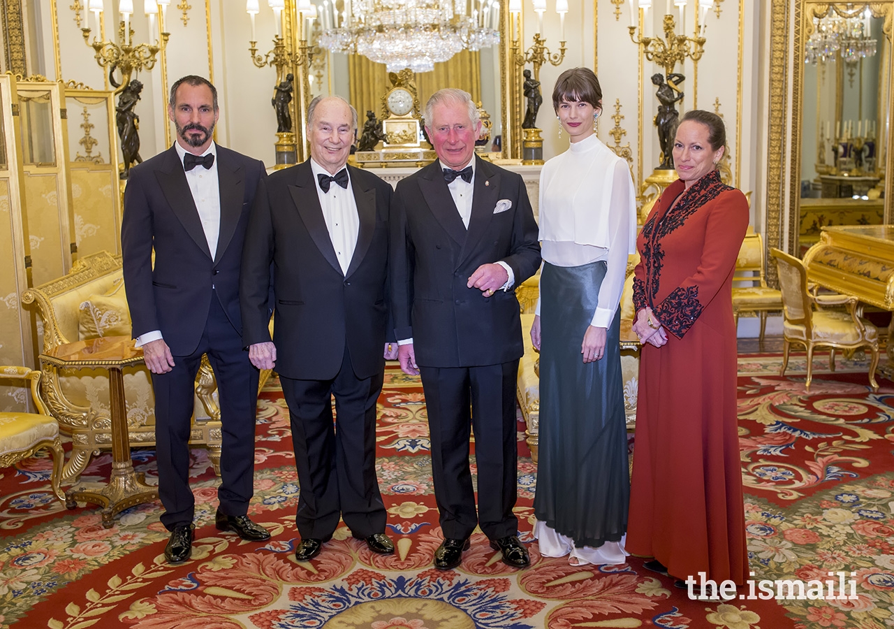 Mawlana Hazar Imam was accompanied by Prince Rahim, Princess Salwa, and Princess Zahra to a dinner at Buckingham Palace, where he was honoured as Global Founding Patron of The Prince’s Trust.