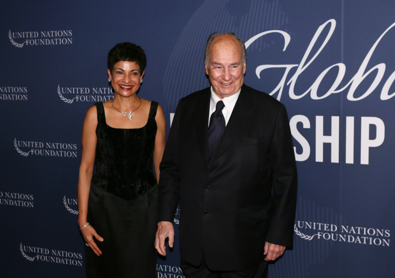 Shelmina meets Mawlana Hazar Imam at the UN Global Leadership event in New York in 2017, as a board member of the Girl Up organization. 