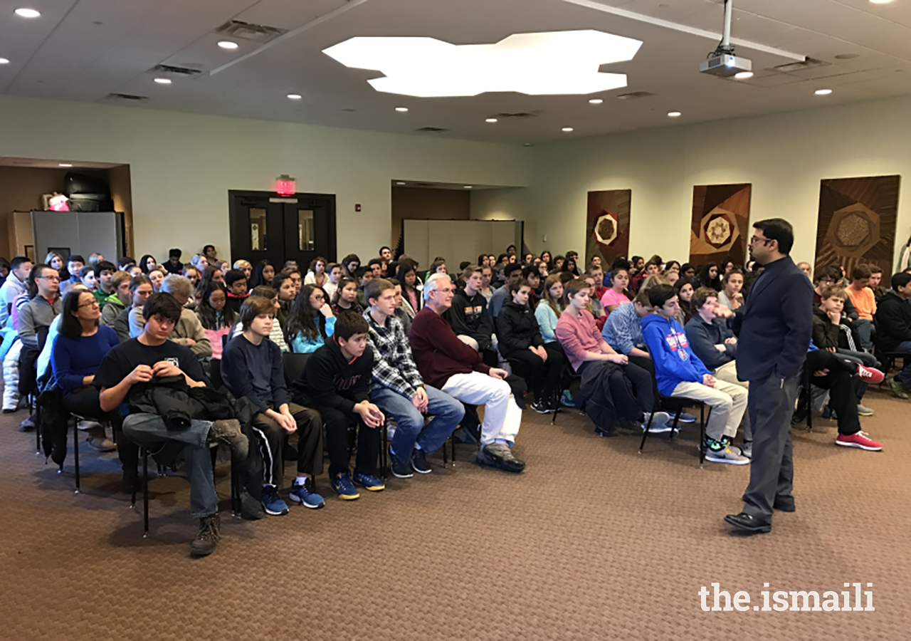 Murad Bhaidani leading a discussion on Islam with Springman Middle School students.