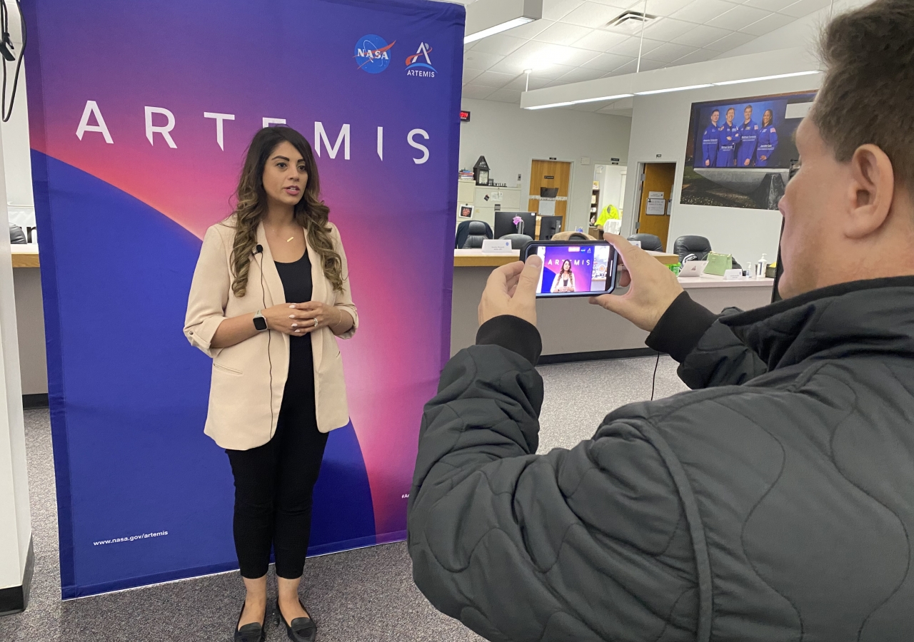 Nilufar at NASA's Kennedy Space Center speaking to the media about the first American commercial mission to the Moon with Intuitive Machines' IM-1 Mission.