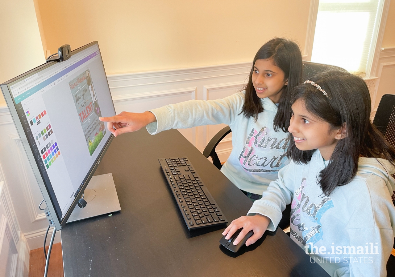 Simal and Sophia Ali creating a flyer in Canva.