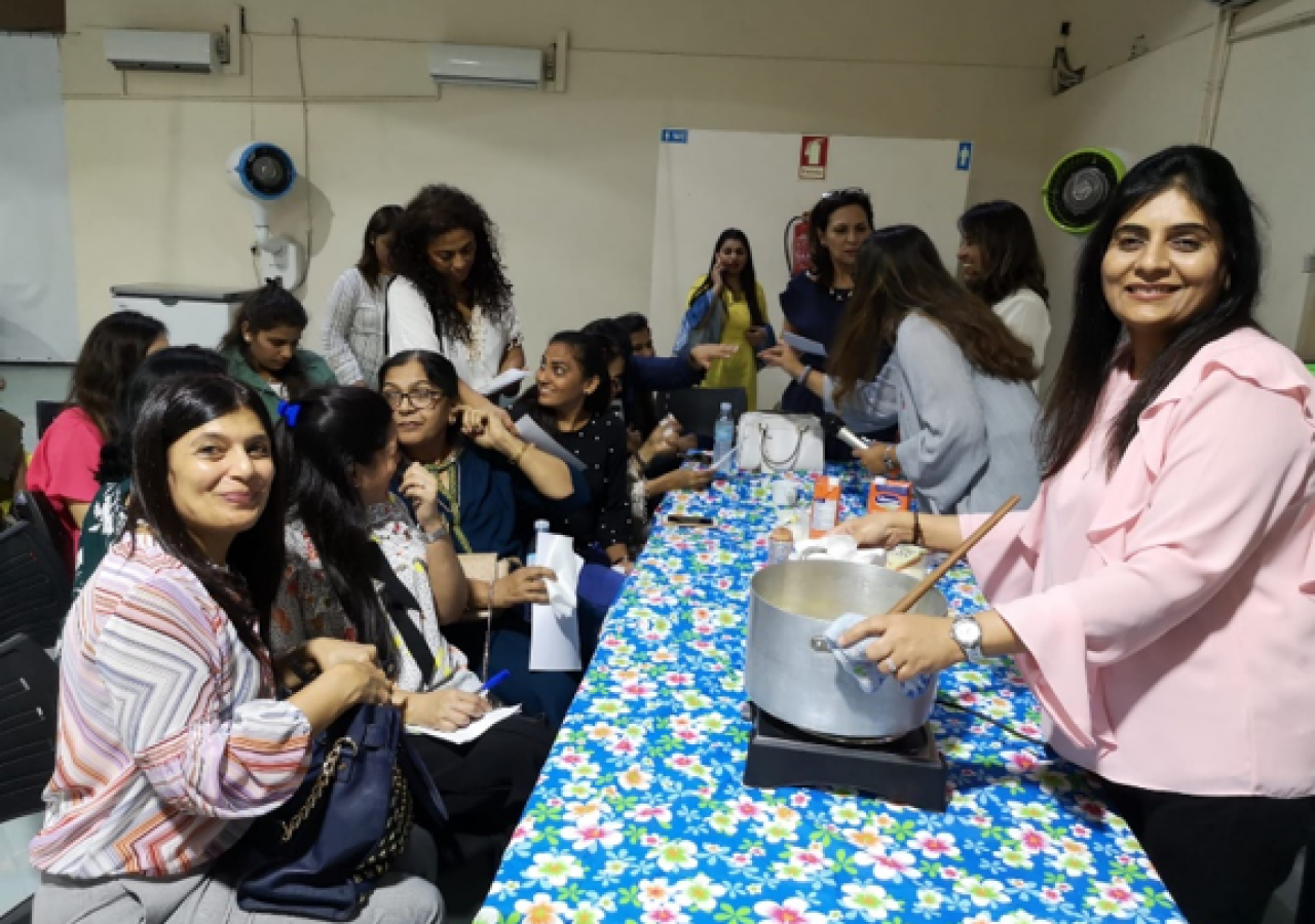 Women mingling during lunch