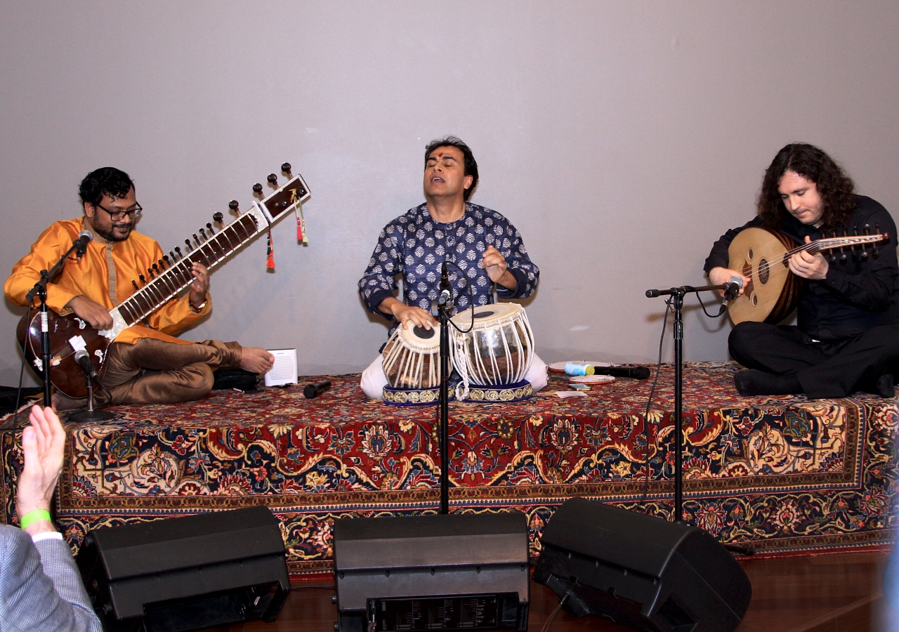 Sandeep Das jamming with Rajib Karmakar playing the sarangi and Kenan Adnawi, an oud virtuoso. In this collaboration, he brings together the intoxicating raga music of India with the magical maqam music of Arabia.