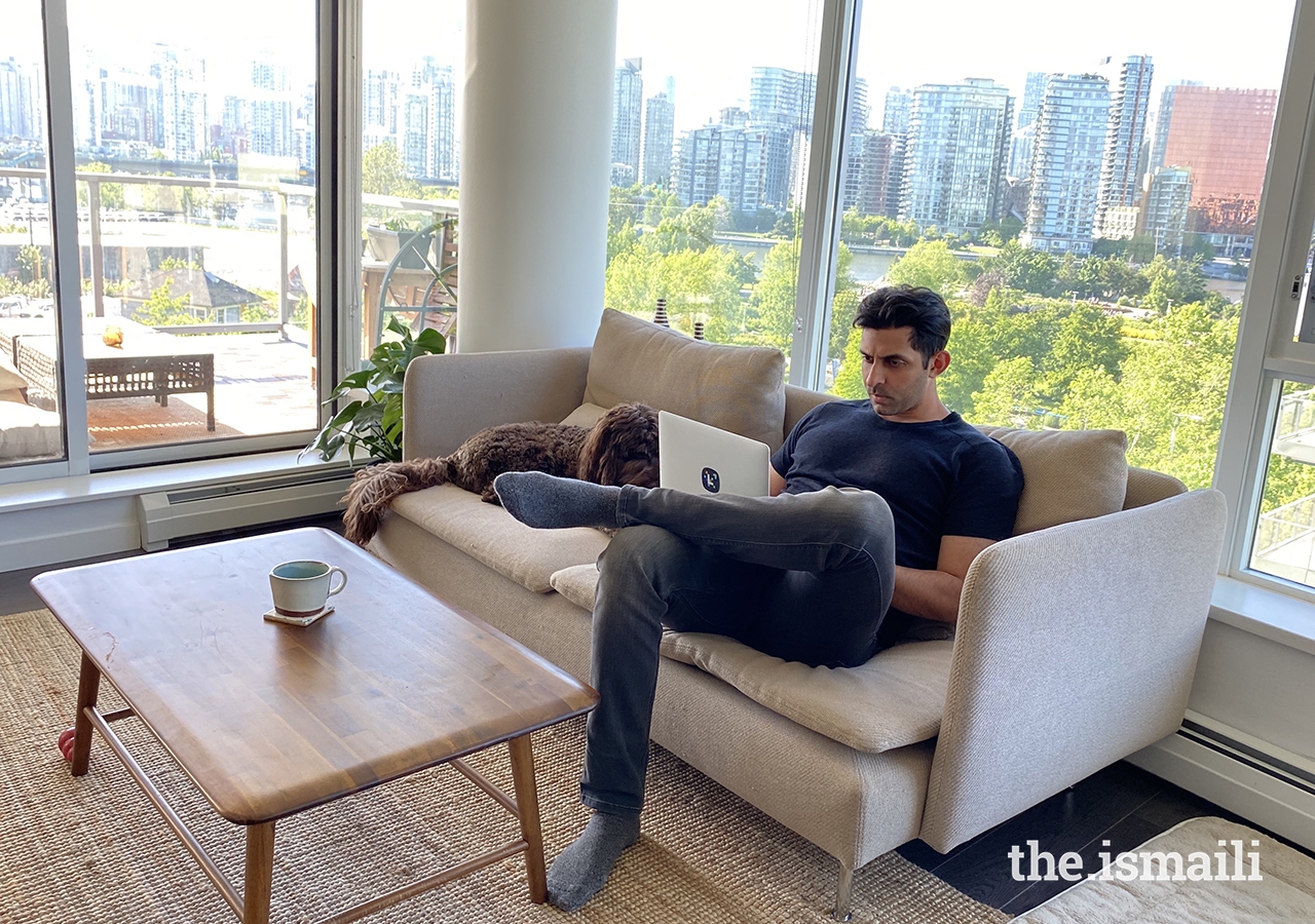 Amaan Nathoo of Vancouver, B.C, working at home.