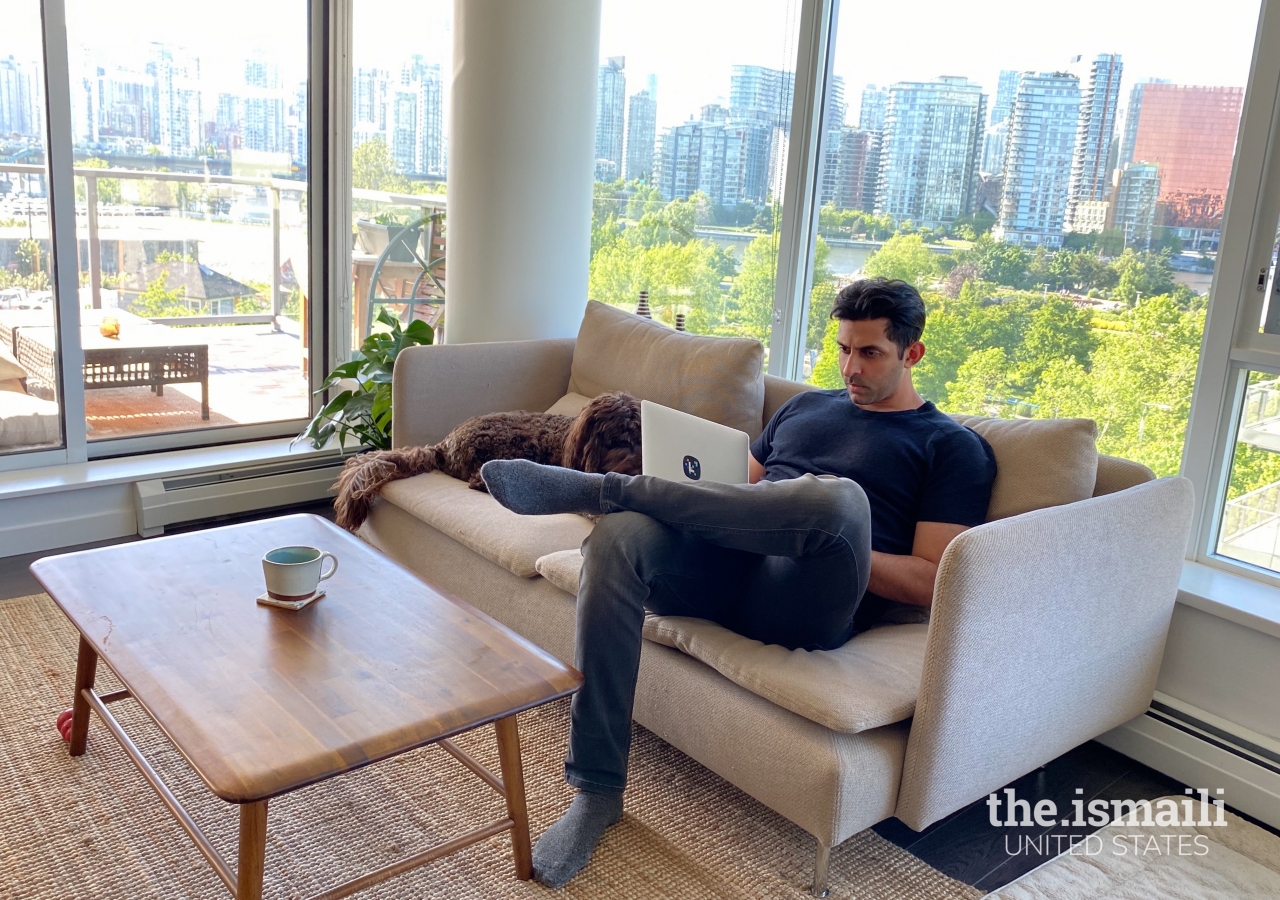 Amaan Nathoo of Vancouver, B.C, working at home.