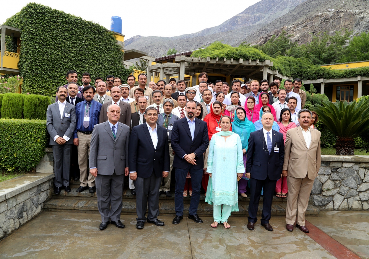 Princess Zahra and Prince Rahim join in a group photo at the AKU Professional Development Centre, North. Rafiq Hakim