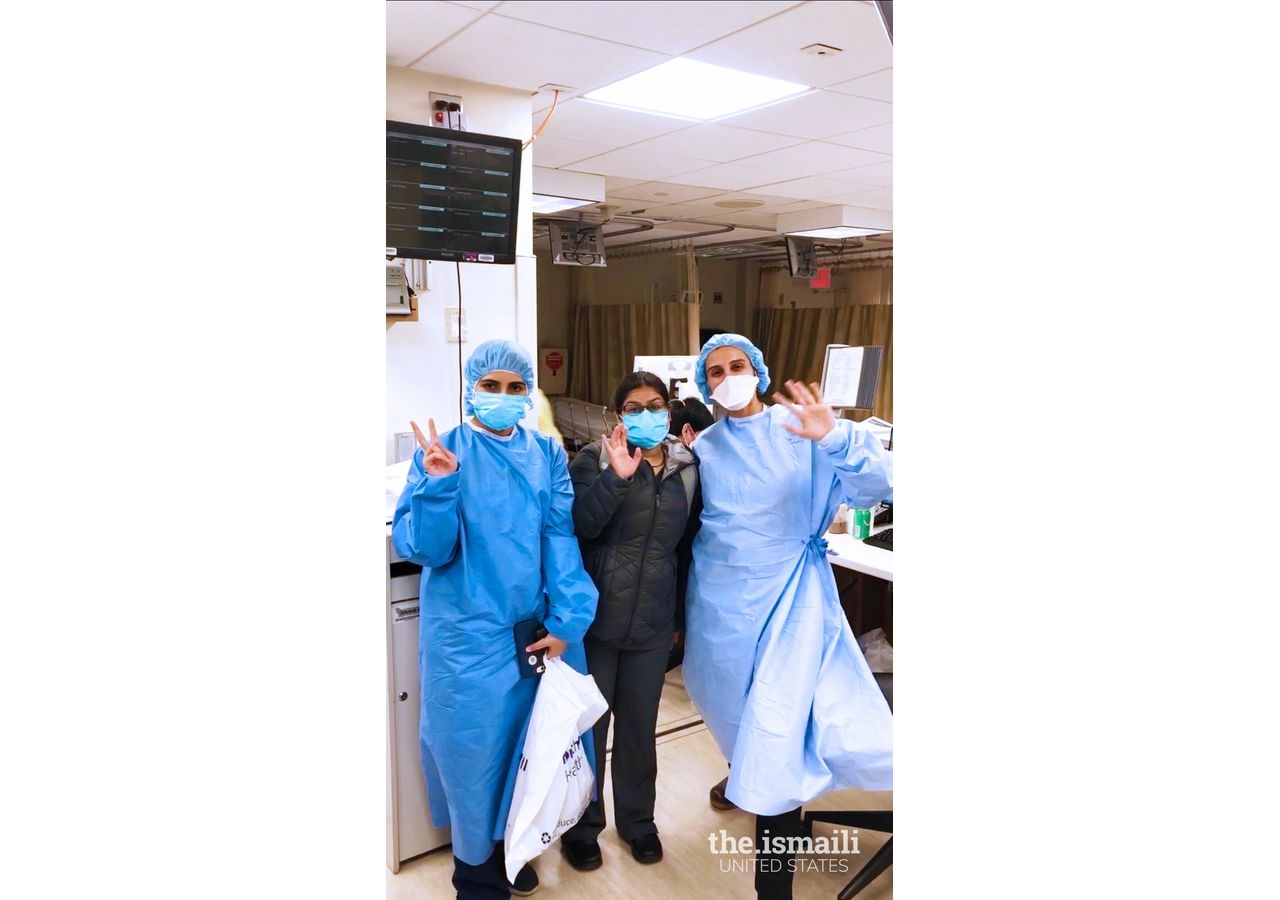 Physicians Samreen Khwaja, Sara Huda, and Fazila Lalani working in the Emergency Room.