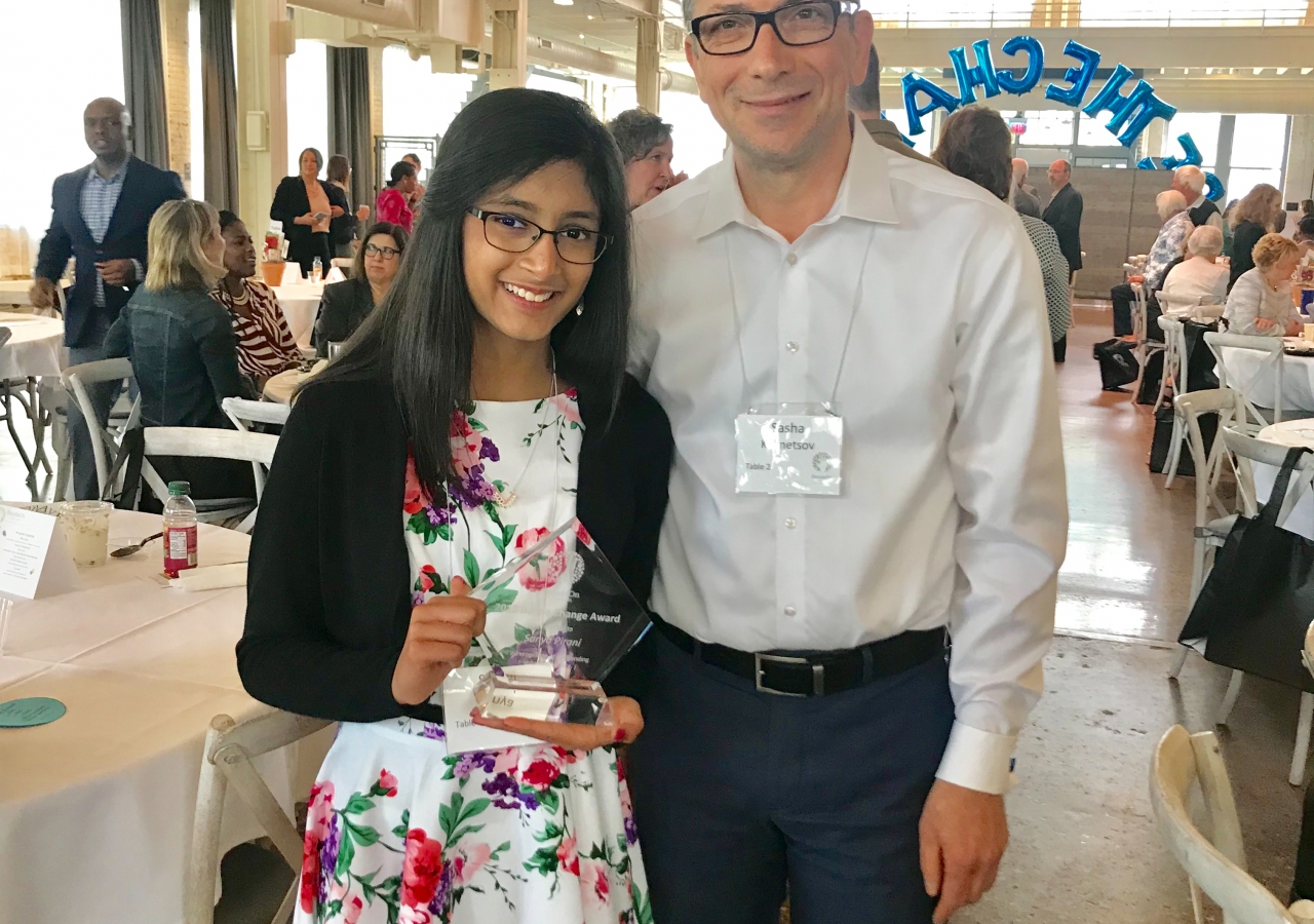 Sanya received the “2018 Be the Change award,” and is seen here with her school Principal,Mr. Sasha Kuznetsov.