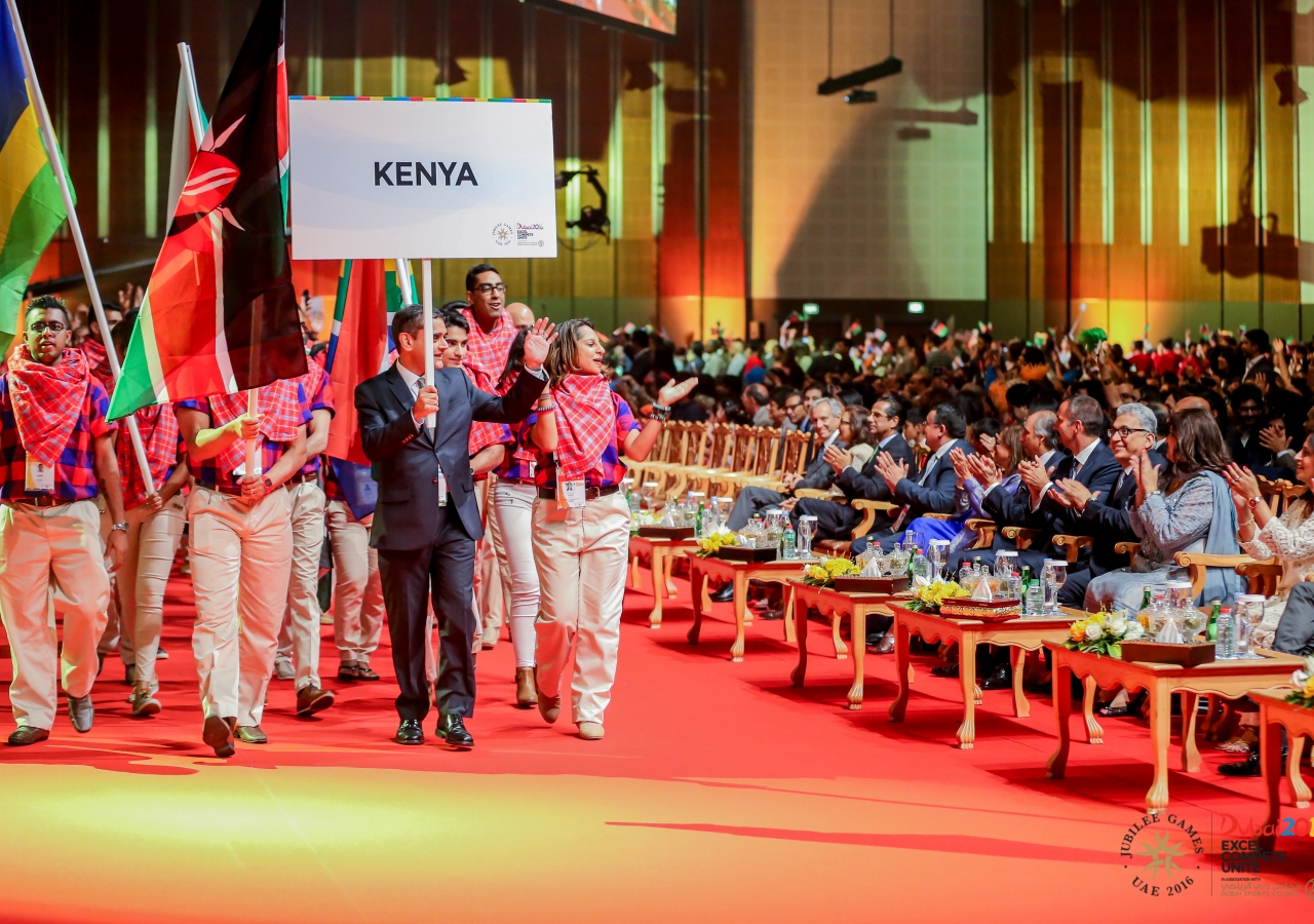 Team Kenya, host of the 2008 Golden Jubilee Games, walks into the Opening Ceremony at 2016 Jubilee Games. JG/Ahmed Charania