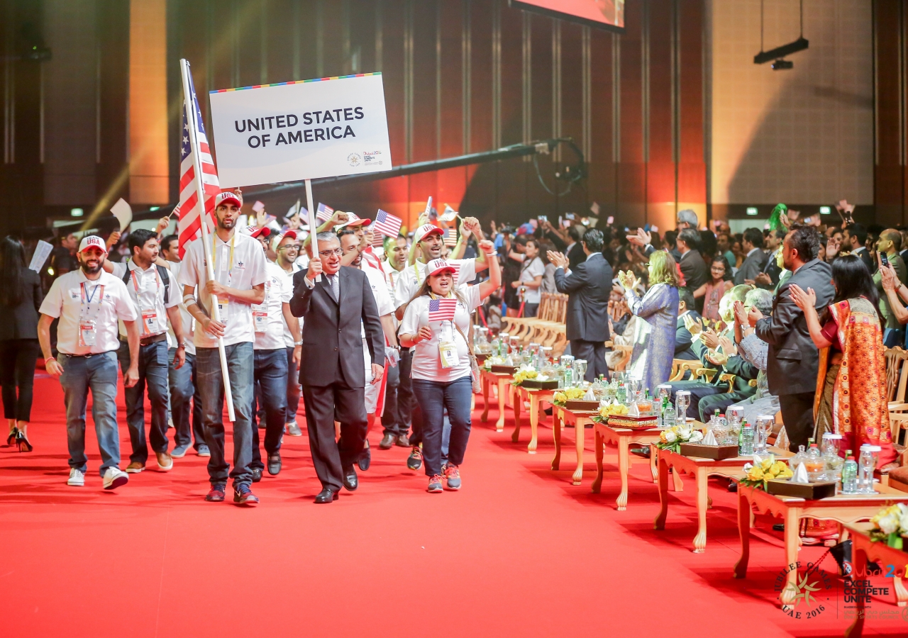 Team USA arrives at the Opening Ceremony of the 2016 Jubilee Games in Dubai, UAE.