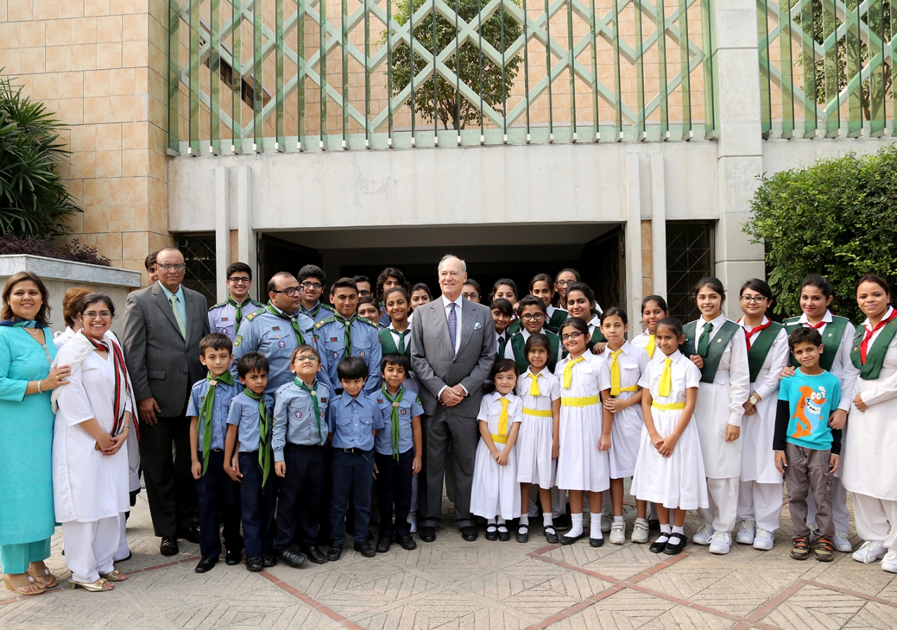 Prince Amyn together with the Aga Khan Girl Guides and Boy Scouts of Bangladesh at the Ismaili Jamatkhana and Centre, Dhaka. Ismaili Council for Bangladesh