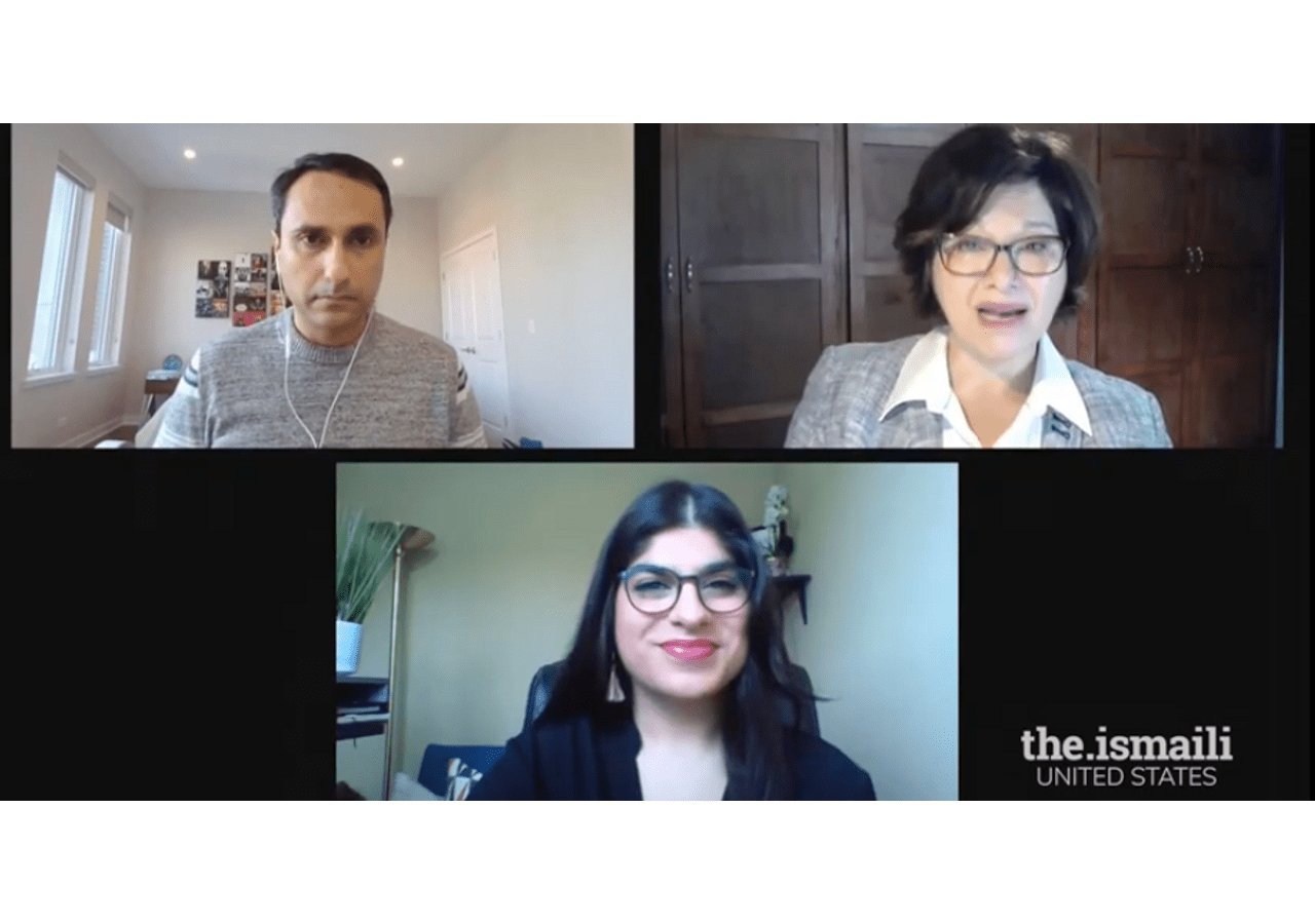 Dr. Eboo Patel (top left); Rabbi Ellen Nemhauser (top right) as she introduces Albina Bhimani (bottom) to moderate the discussion with panelists.