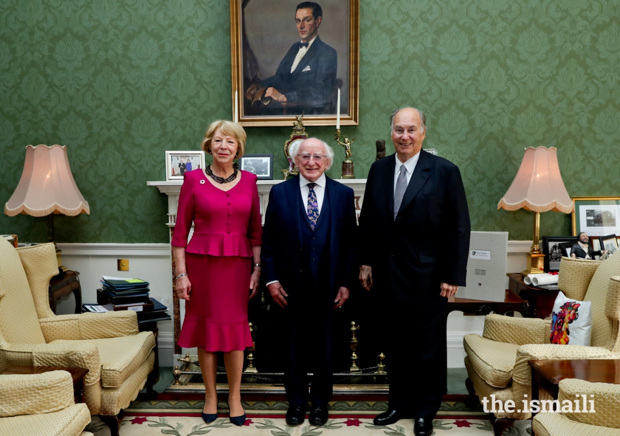 Mawlana Hazar Imam with His Excellency President Michael Higgins of Ireland and his wife Sabina Mary Coyne at their official residence Áras an Uachtaráin.