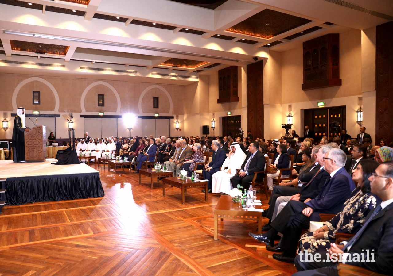 His Excellency Sheikh Mohamed Nahayan Mabarak Al Nahayan addressing various dignitaries and guests at The Inaugural Ismaili Centre  International Lecture at The Ismaili Centre, Dubai, United Arab Emirates