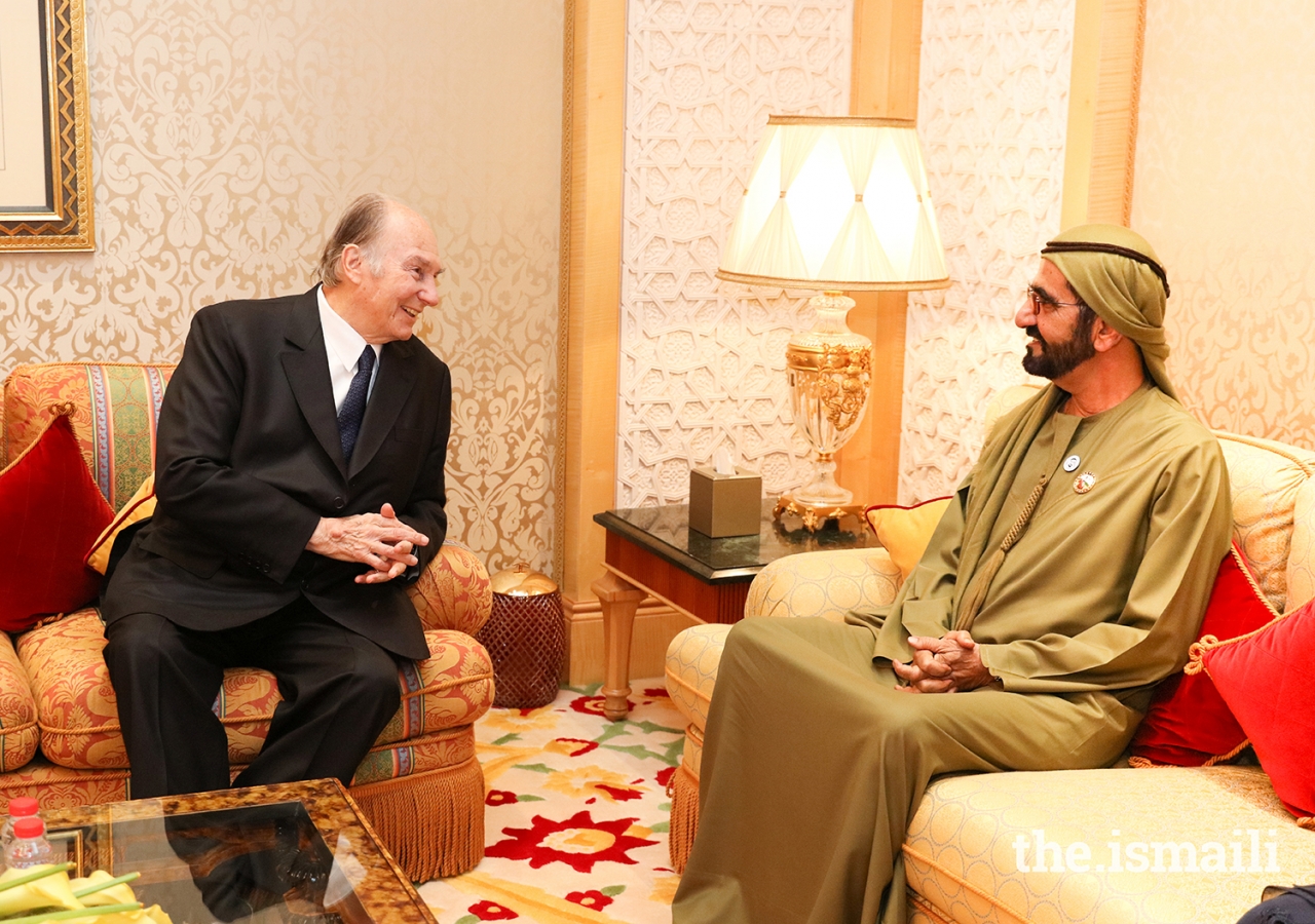 Mawlana Hazar Imam in conversation with His Highness Sheikh Mohammed bin Rashid Al Maktoum, the Vice President, Prime Minister and Ruler of Dubai.