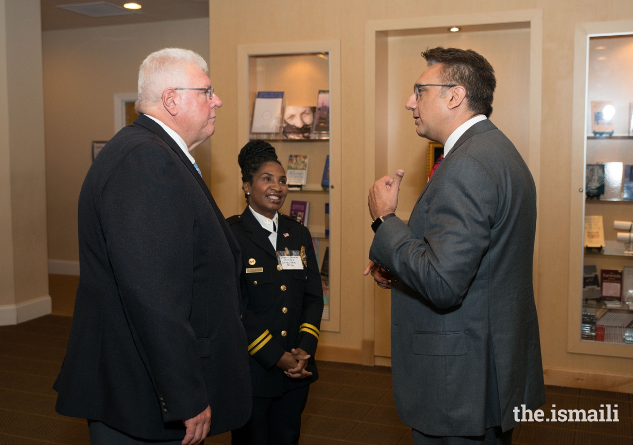 Chief Williford of College Park, Chaplain McKenzie, and Murad Abdullah, President of the Ismaili Council for the Southeastern United States at the Eid Appreciation Tea in Fayetteville.