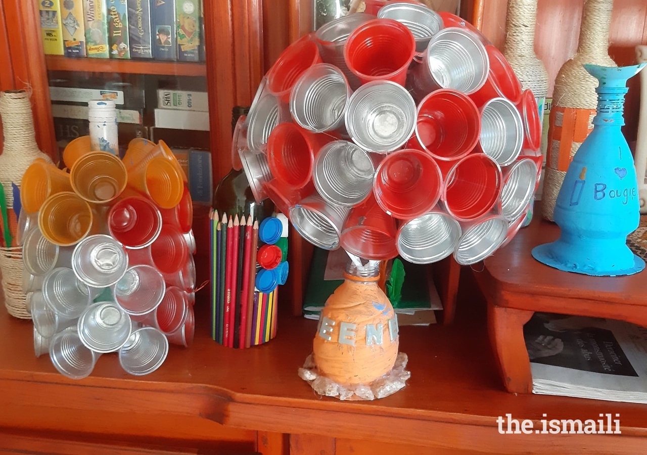 Examples of objects created with recycling materials for the orphanage.