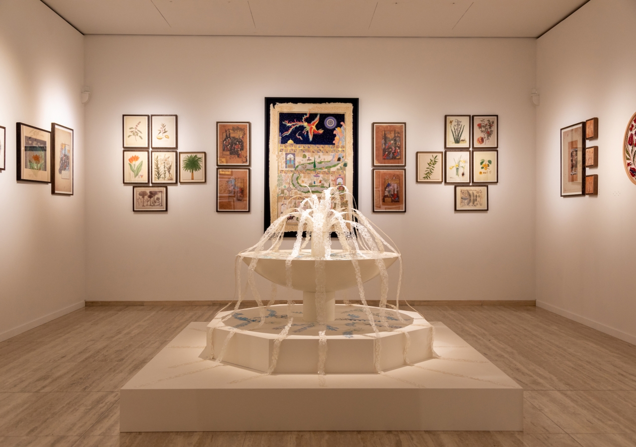 The silent fountain at the centre of the Making Paradise exhibition, Aga Khan Centre Gallery, London.