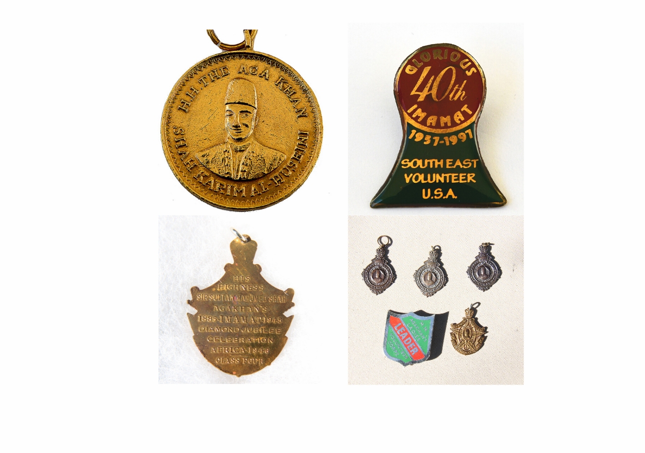 These badges were presented to volunteers by Mawlana Sultan Mahomed Shah during his Golden Jubilee in East Africa. From the collection of Hanif Haji, Torrance, CA