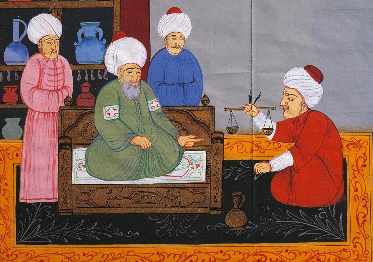 In this miniature from a 17th century Ottoman manuscript of the Canon of medicine by Avicenna, a physician prepares medicine for the treatment of patient.