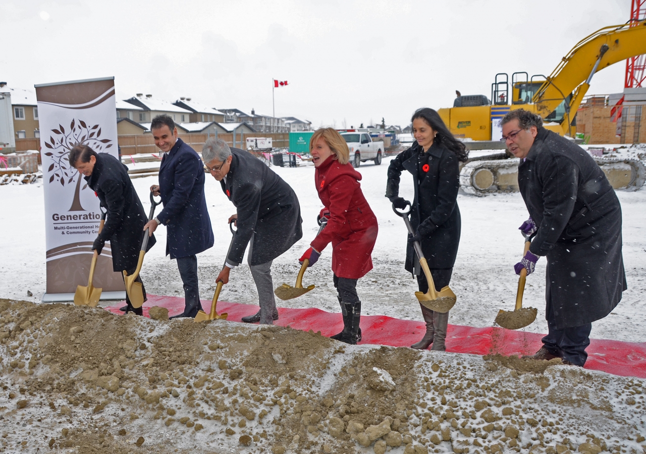 Left to right: Nashir Samanani, Ameeraly Kassim-Lakha, Malik Talib, Rachel Notley, Fauzia Lalani-Khudabux, and Naheed Nenshi during the groundbreaking ceremony for Generations Phase II.