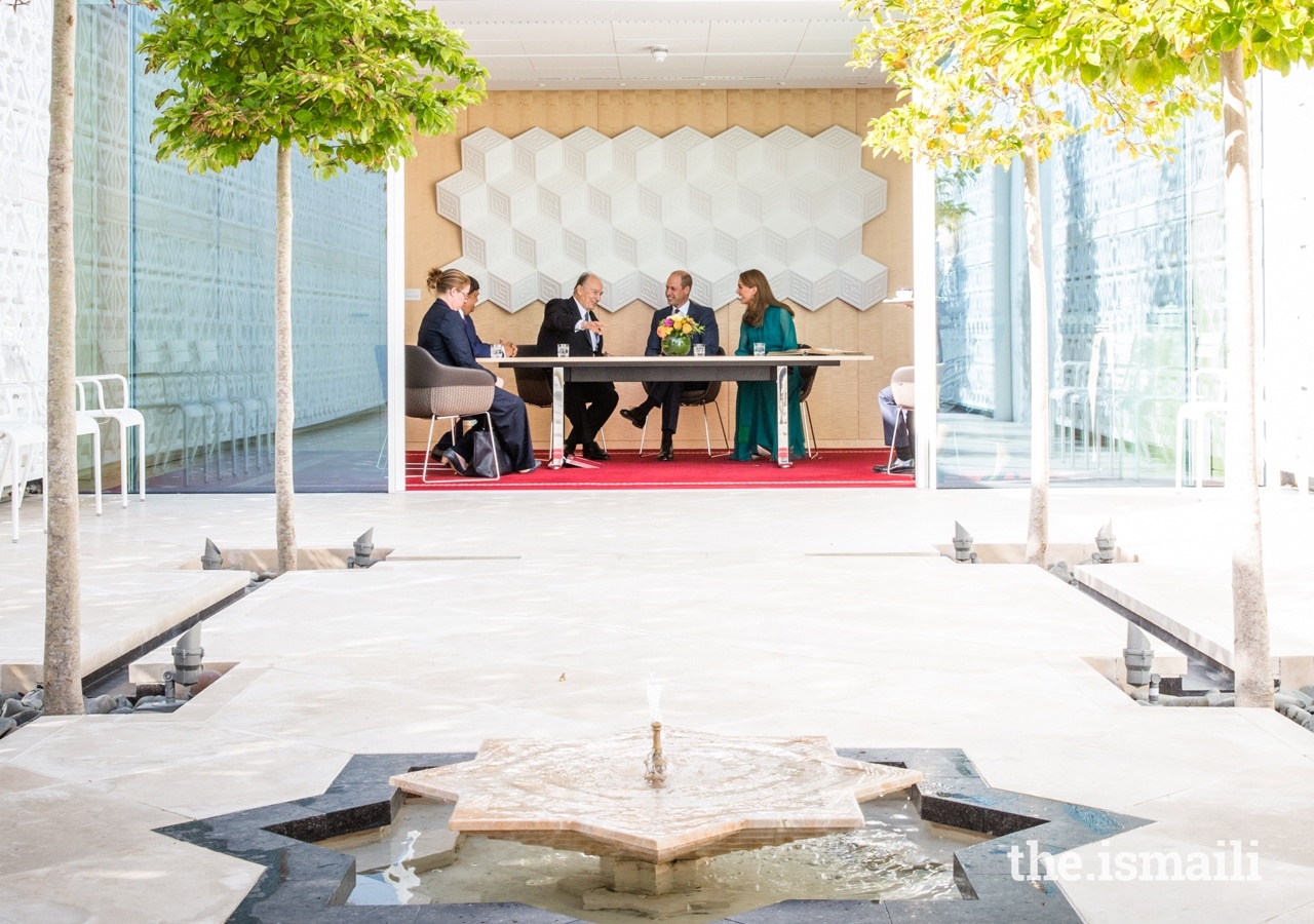 Mawlana Hazar Imam in conversation with the Duke and Duchess of Cambridge, overlooking the Garden of Light at the Aga Khan Centre.