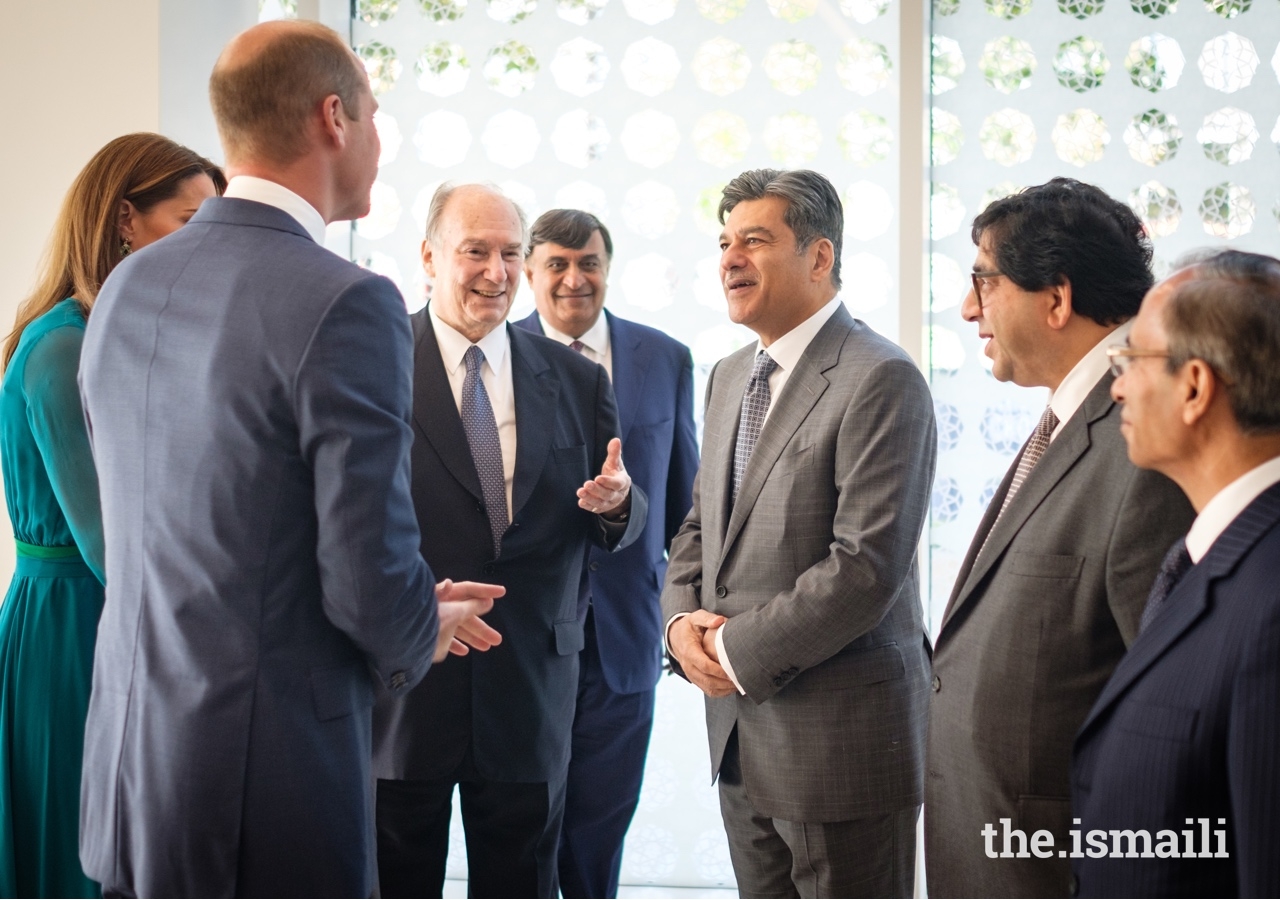 Mawlana Hazar Imam introduces the Duke and Duchess of Cambridge to Naushad Jivraj, President of the Ismaili Council for the UK.