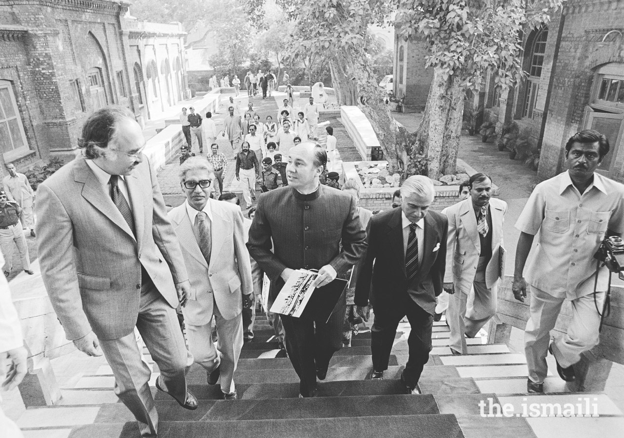 Mawlana Hazar Imam at the first Aga Khan Award for Architecture ceremony at Shalimar Gardens in Lahore in 1980.