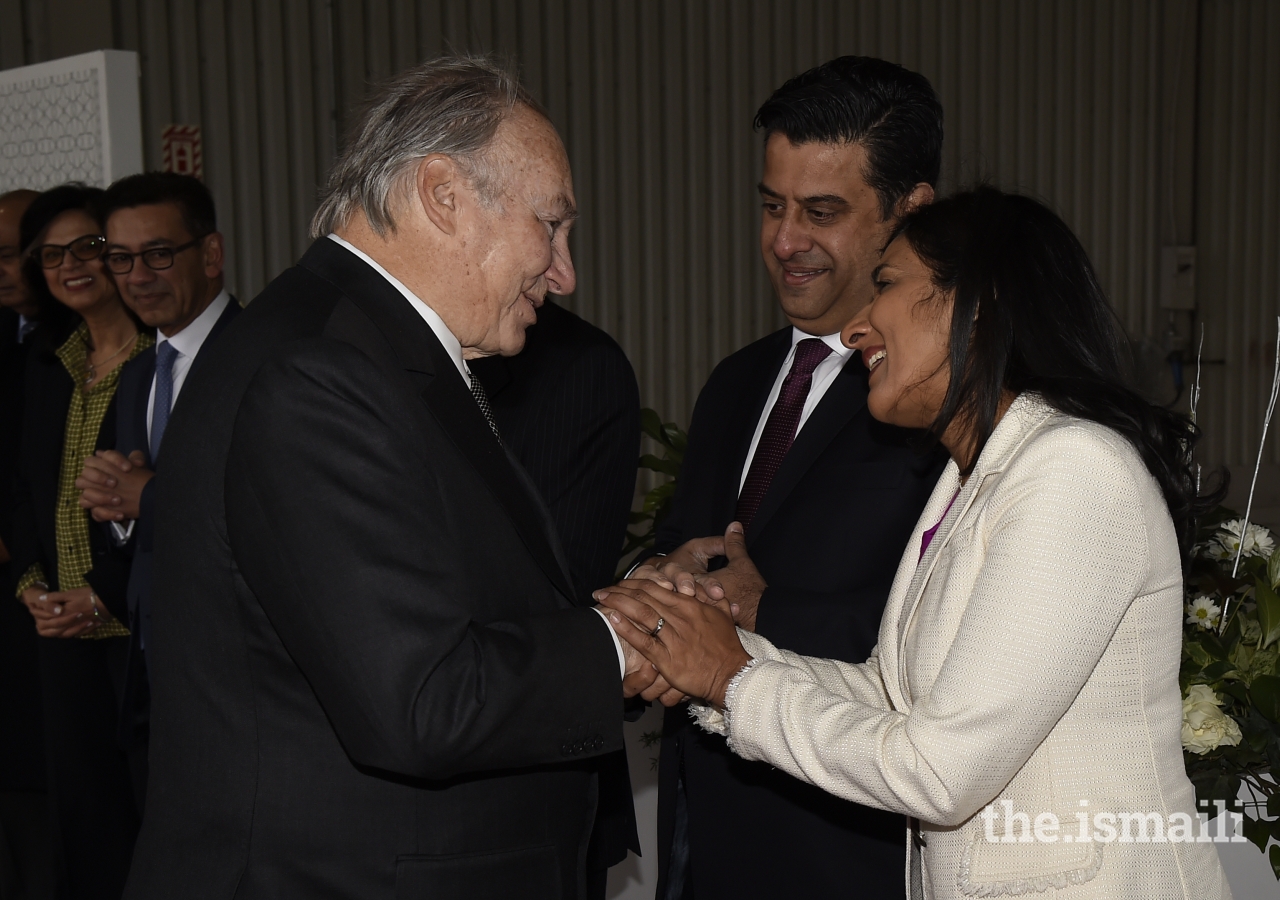 Ismaili Council for Canada Vice-President Karima Karmali and her husband speaking with Mawlana Hazar Imam about his happiness with the visit.