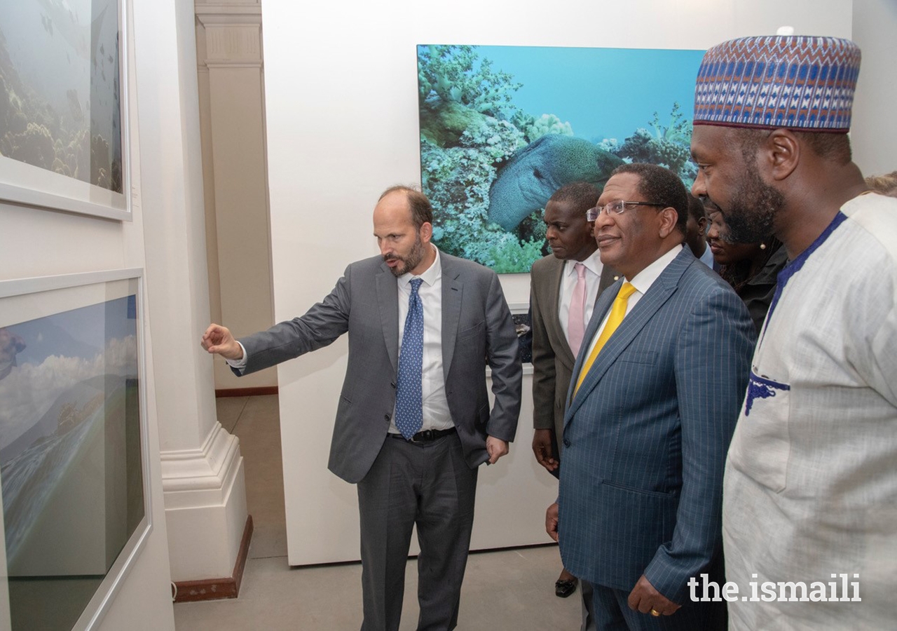 Guests listen keenly, enthralled by Prince Hussain’s experiences with the beautiful and fragile marine life detailed in his photographs. (L to R) Prince Hussain, Alex Awiti, Vice-Provost, Aga Khan University, Cabinet Secretary Honourable Keriako Tobiko and panelist Dr Cyrille-Lazare Siewe.