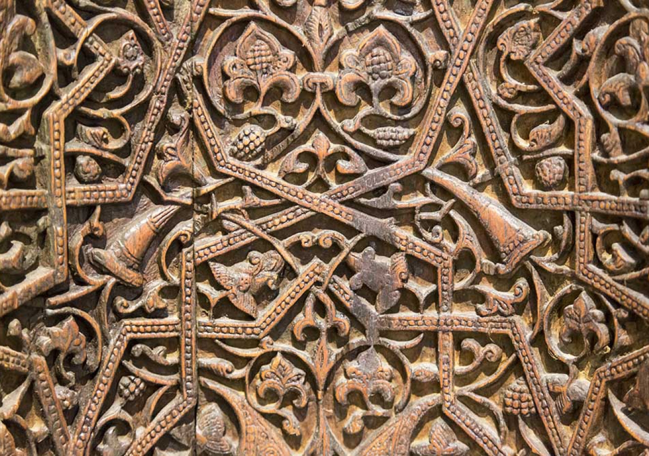 Detail of the portable wooden mihrab from the mausoleum of Sayyida Nafisa, great granddaughter of Hazrat Hasan, who was married to a son of Imam Jafar al-Sadiq. Now in the Museum of Islamic Art in Cairo. Bernard O&#039;Kane