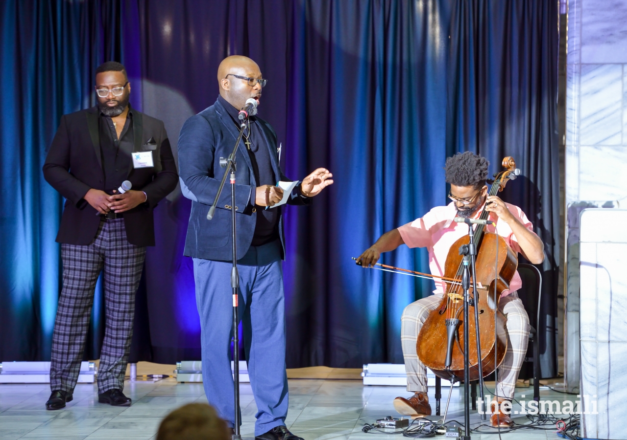 Tavares Stephens, Okorie Johnson, and Cleveland Johnson, a poet, cellist and singer trio performed a piece inspired by Beauty in Harmony theme.