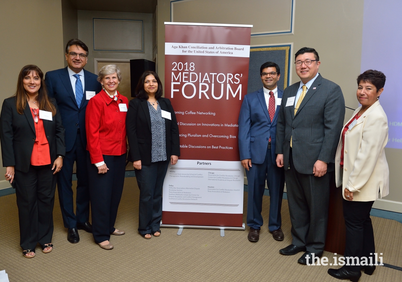 Communications Coordinator, Farida Nurani, Southeast Ismaili Council President Murad Abdullah, Fulton County Superior Court Judge and Chair-Elect of the Georgia Commission on Dispute Resolution, Judge Susan Barwick, Southeast CAB USA chairman, Salima Jaffer, CAB USA member, Judge Kamran Jivani, United States Attorney for the Northern District of Georgia BJay Pak, and CAB USA member, Zenat Shariff Belkin at the 2018 Mediators’ Forum.