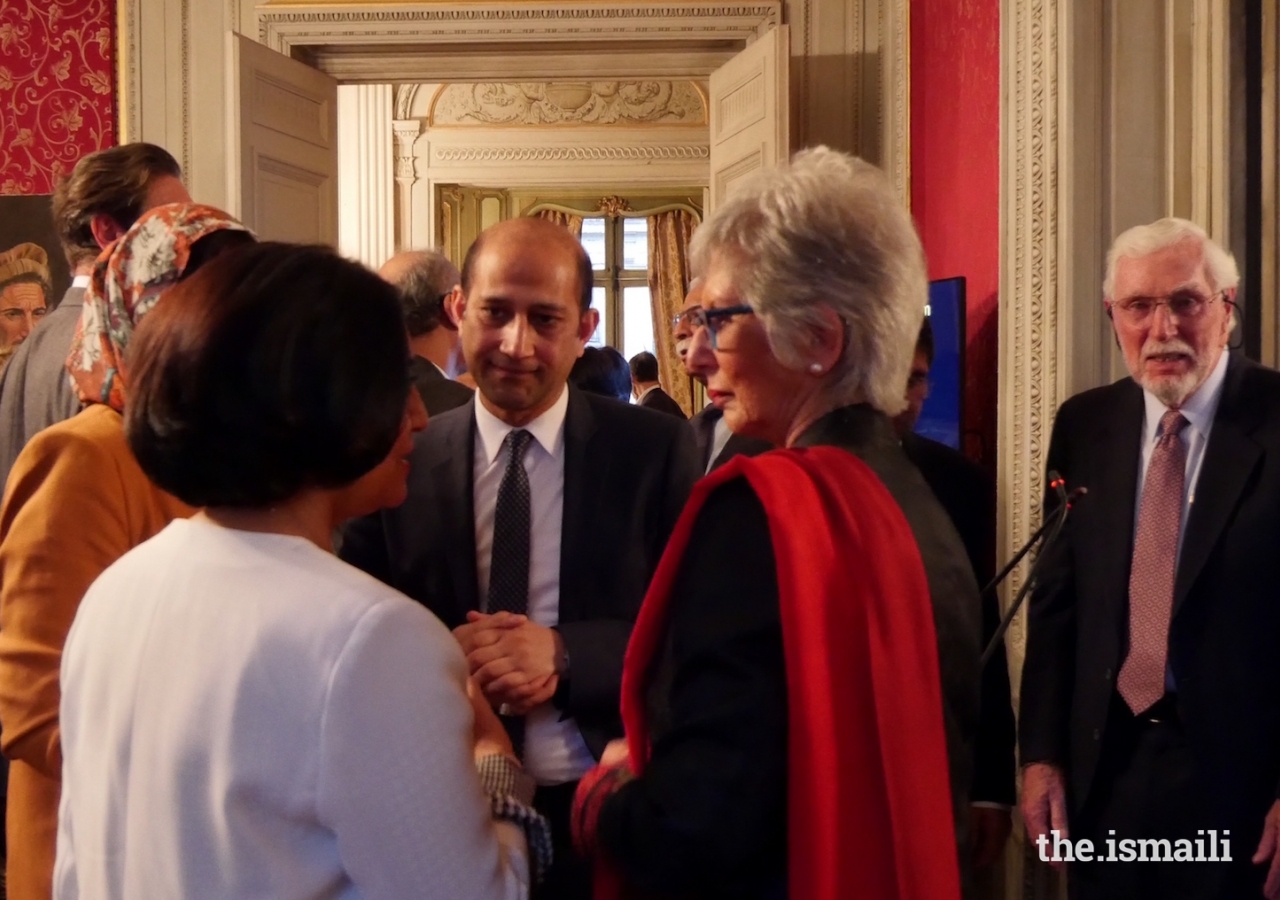 His Excellency the Afghan Ambassador and Nurjehan Mawani, AKDN Diplomatic Representative for Afghanistan, in conversation with guests as Dr Lee Hilling looks on.