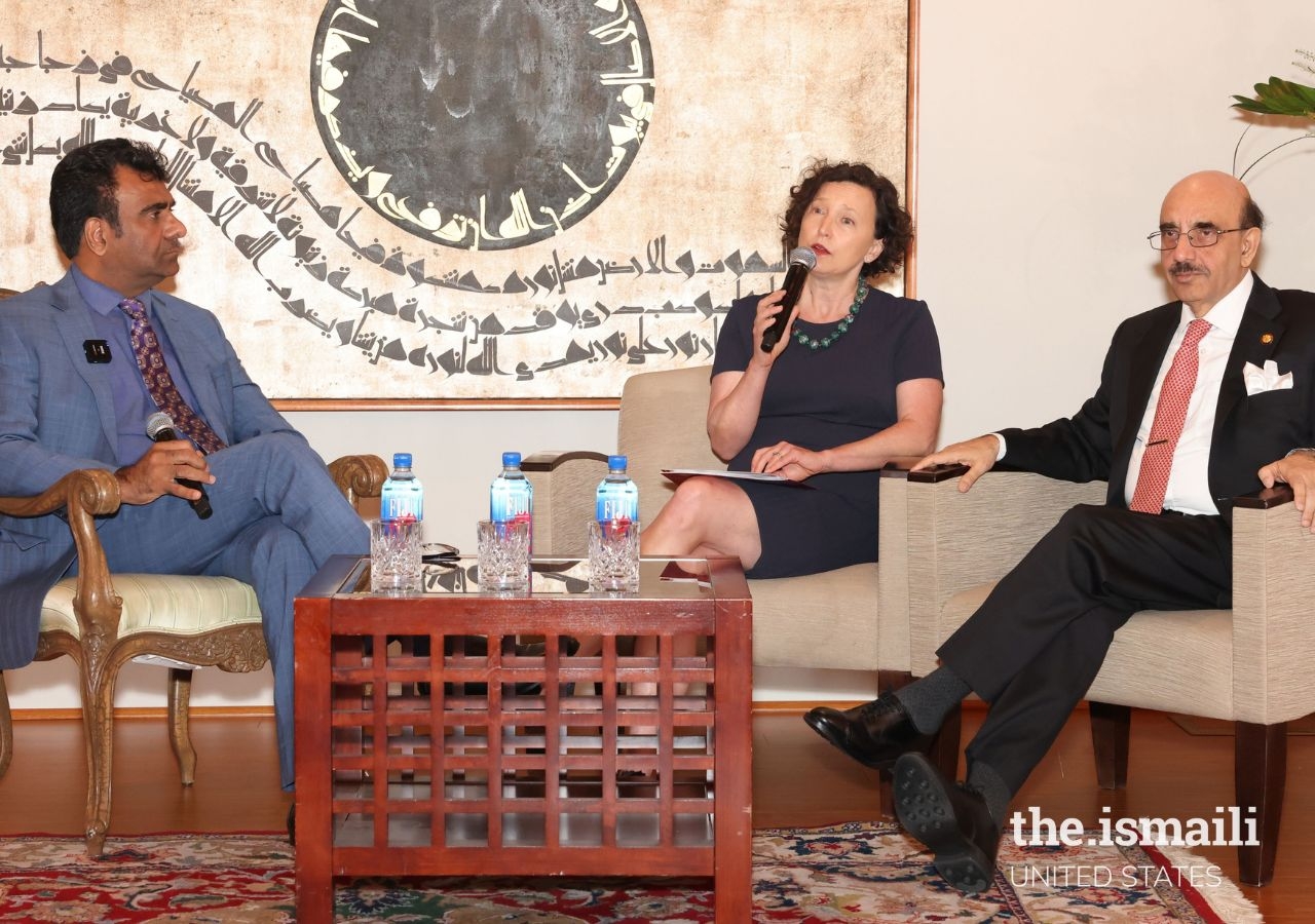 Ambassador Masood Khan (right) and U.S. Principal Deputy Assistant Secretary Elizabeth Horst engage with the audience in a panel moderated by Ghazanfar Hashmi.