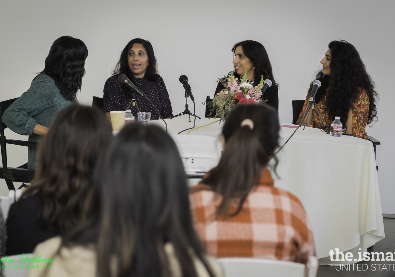 Panelists Salima Bhimani, Ph.D., and Saima Habib share their career stories with attendees on the “Lessons from Climbing the Corporate Ladder” panel discussion.