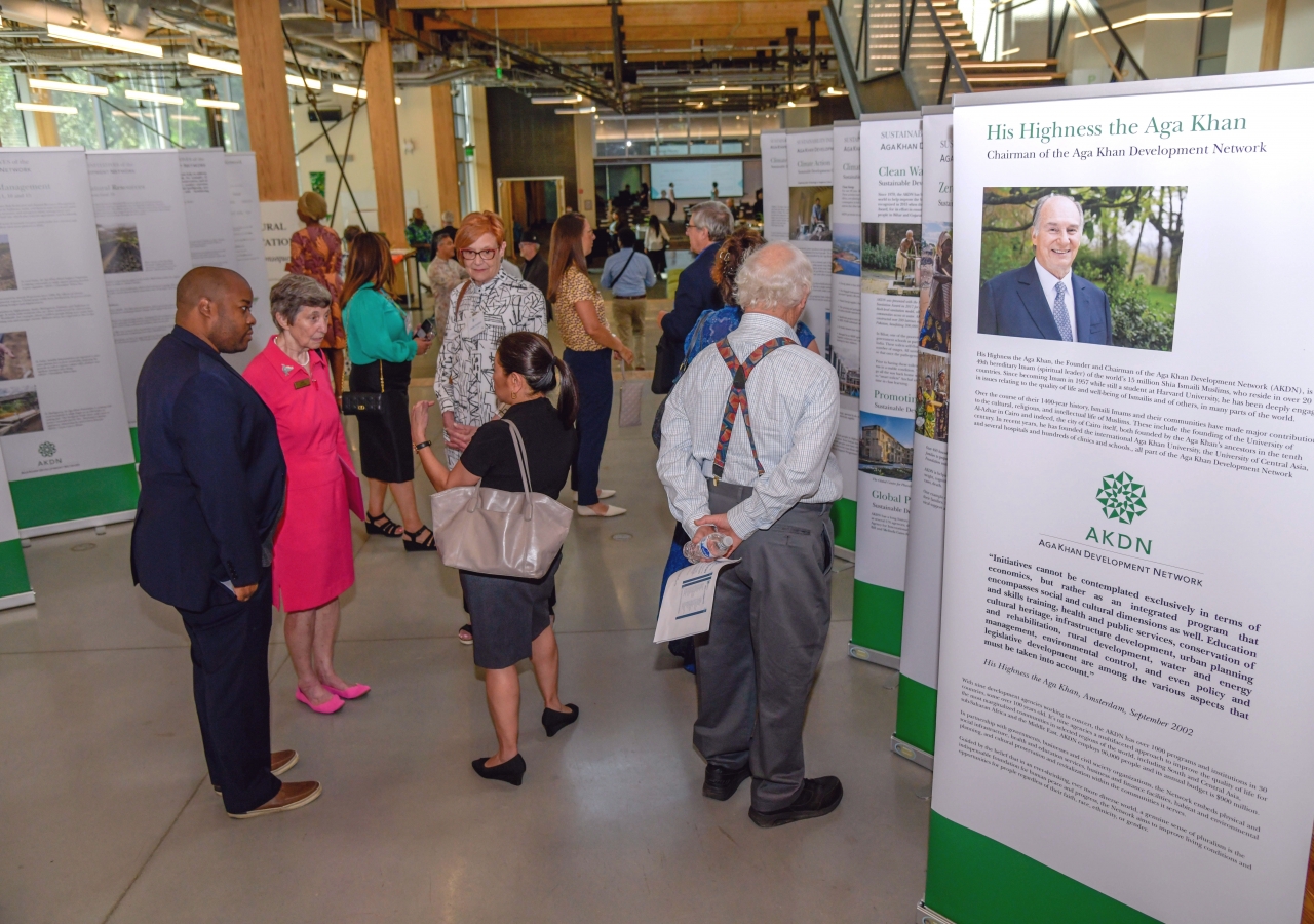 Panels illustrating programs of the Aga Khan Development Network addressing sustainability and to protect the environment.