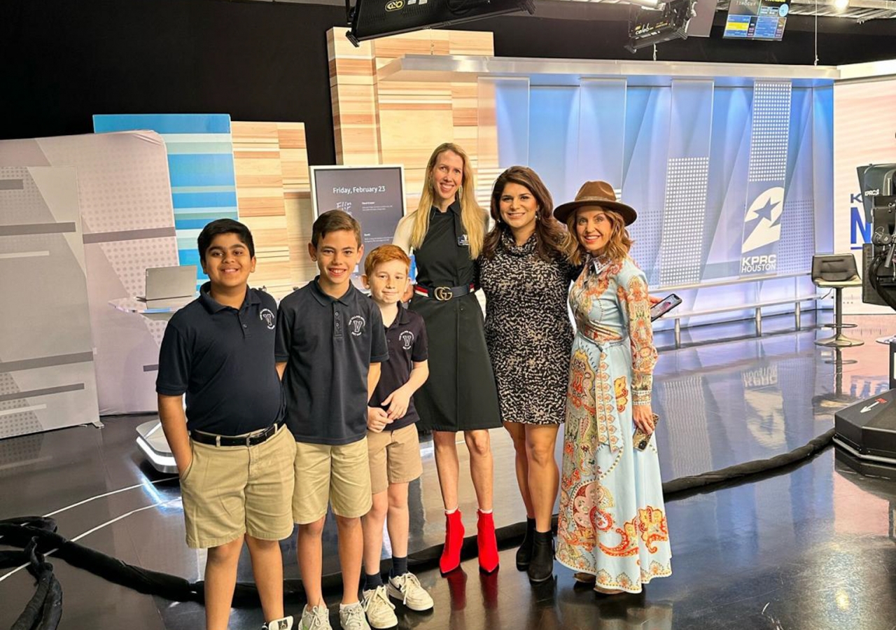 Charlie Philps, Zayden Lalani, and Luke Stoeehlein at KPRC News studio with anchors.