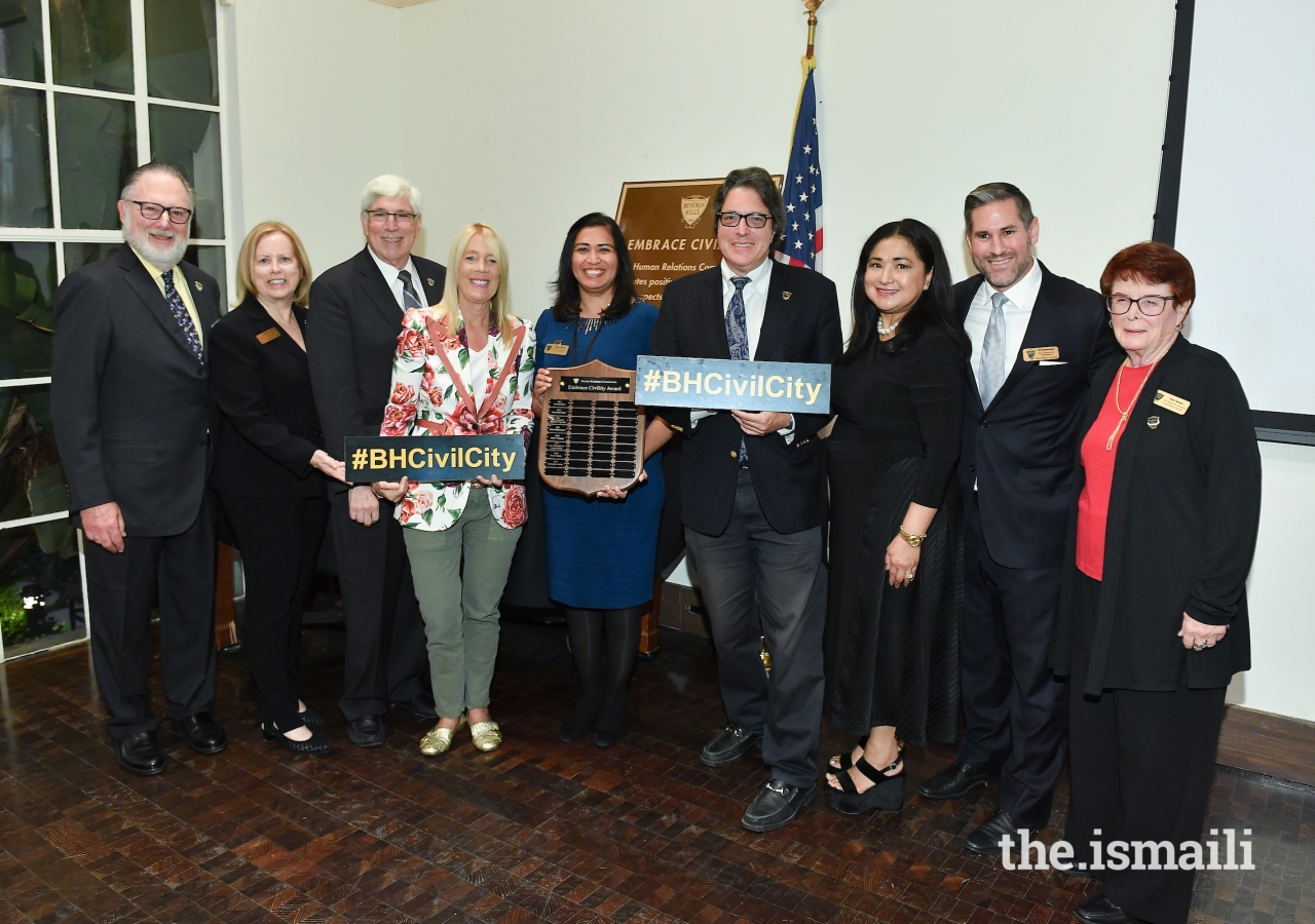 Sharmin Barolia alongside Beverly Hills Commissioner Jerry Friedman, Commissioner Karen Popovich Levyn, Councilmember Dr. Julian Gold, Councilmember Lili Bosse, Mayor John Mirisch, Commission Chair Annette Saleh, Commission Vice-Chair Ori Blumenfeld, Commissioner Sonia Berman.