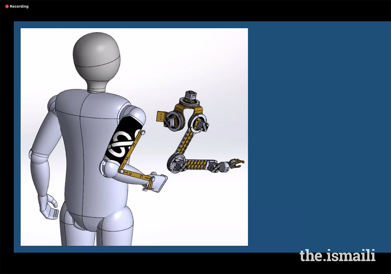 This arm is a replicated model of a prosthetic arm that Saif Punjwani designed using Computer-Aided Design (CAD) in Solidworks while on a collegiate level research team. The photo was presented to the students who attended the STEMEncounters AKYSB Computer-Aided Design (CAD) Course to show them how a collegiate-level team uses CAD. 