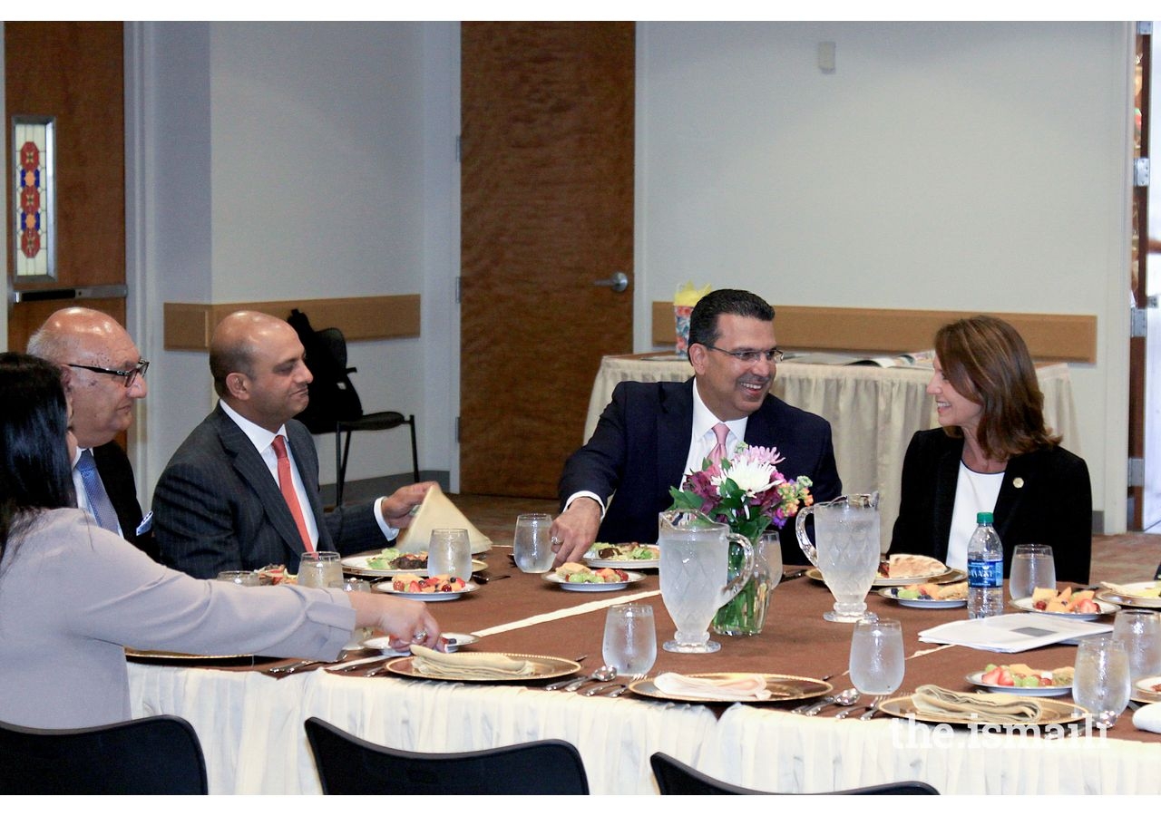 Senator Paxton, President Didarali, and AOC Steering Committee member, Rizwan Sheikh, in conversation at Plano Jamatkhana.