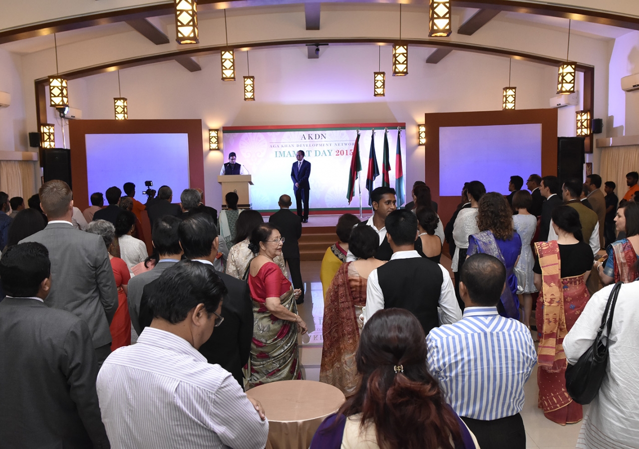 Guests gather in the social hall of the Ismaili Jamatkhana and Centre, Dhaka for the AKDN Imamat Day reception. AKDN