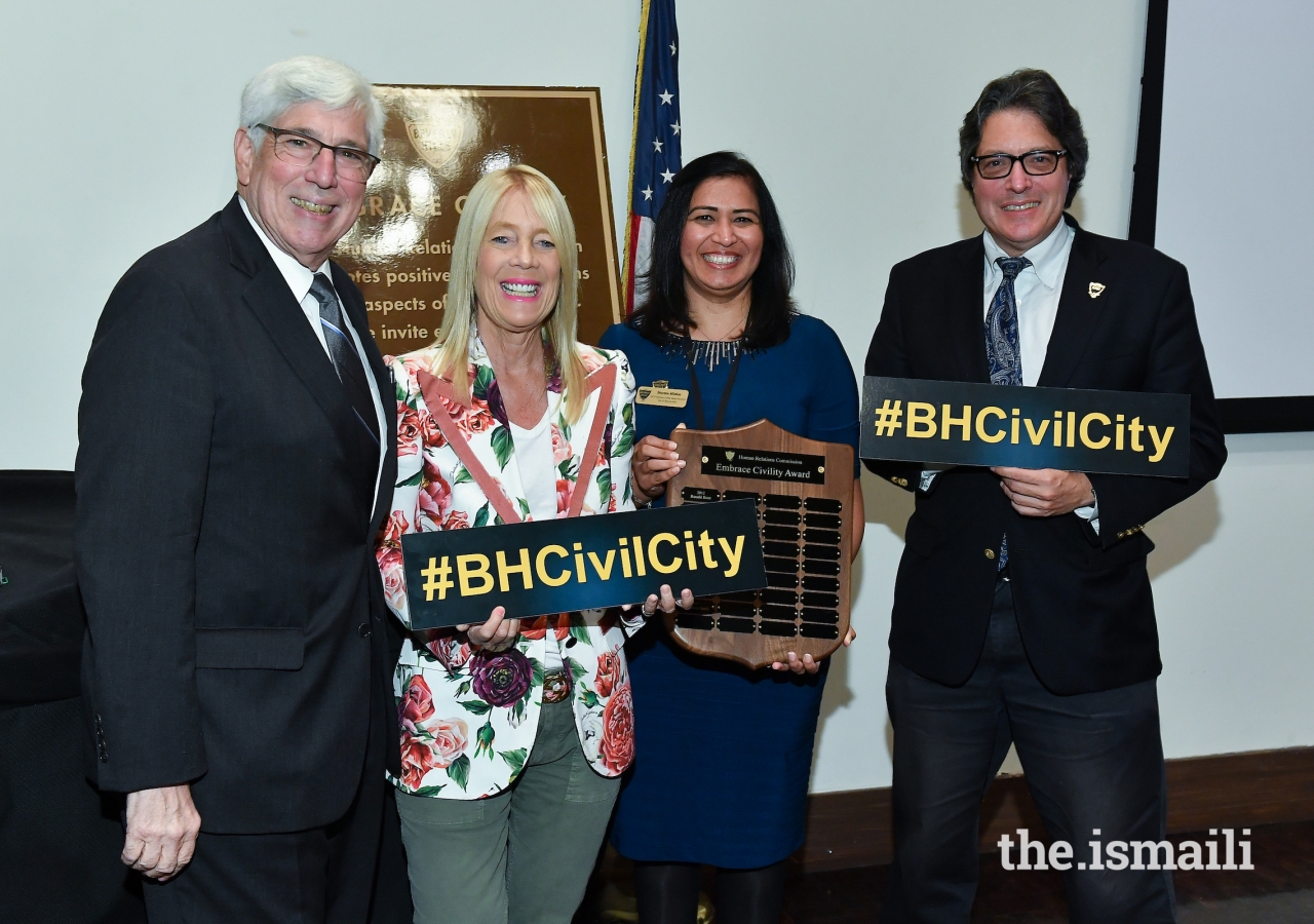 Sharmina Barolia alongside Beverly Hills Councilmember Dr. Julian Gold,  Lili Bosse, and Mayor John Mirisch.