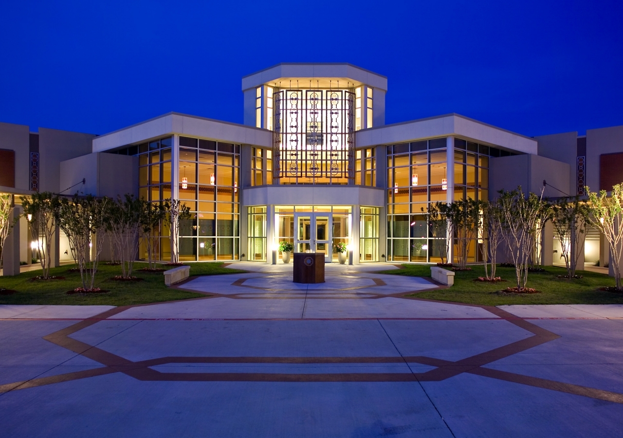 The Ismaili Jamatkhana, Plano, at dusk.