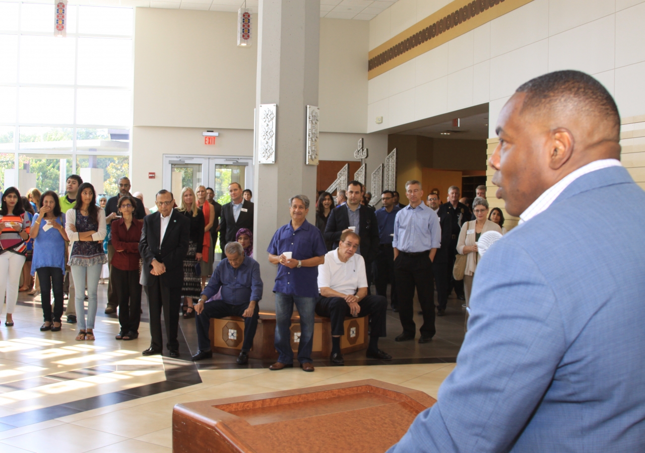 Mayor of Plano, Henry LaRosiliere, addressing the visitors at the Plano Jamatkhana Open House.