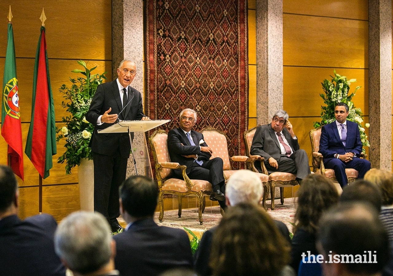 President of the Portuguese Republic, Marcelo Rebelo de Sousa, delivers remarks to guests gathered at an event to commemorate the 20th anniversary of the Ismaili Centre Lisbon.