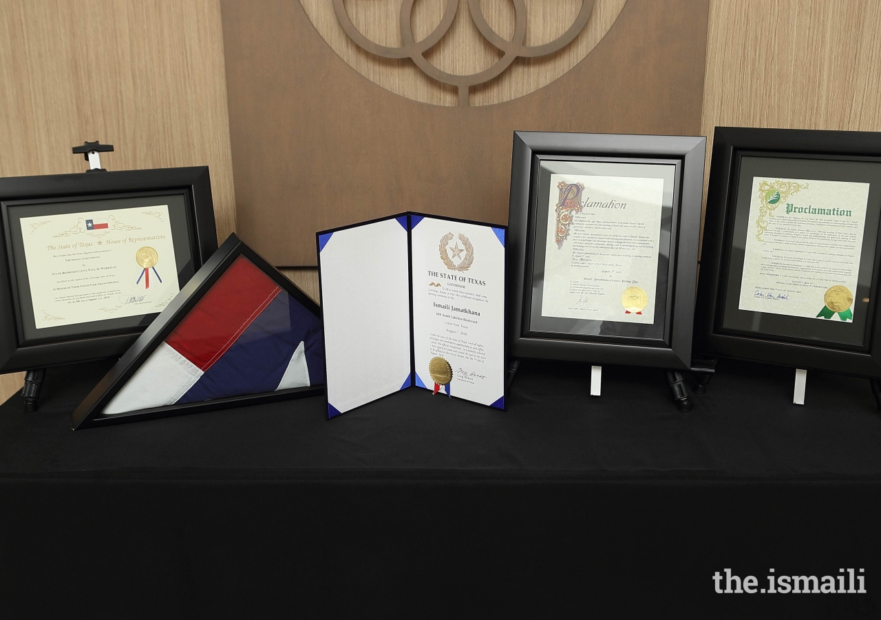 On display in the Rotunda were proclamations provided by the State of Texas, the City of Austin, and the City of Cedar Park, recognizing the opening of the Jamatkhana. Also on display was a flag of the State of Texas, which had flown over the State Capitol, provided by local State Representative Paul Workman.